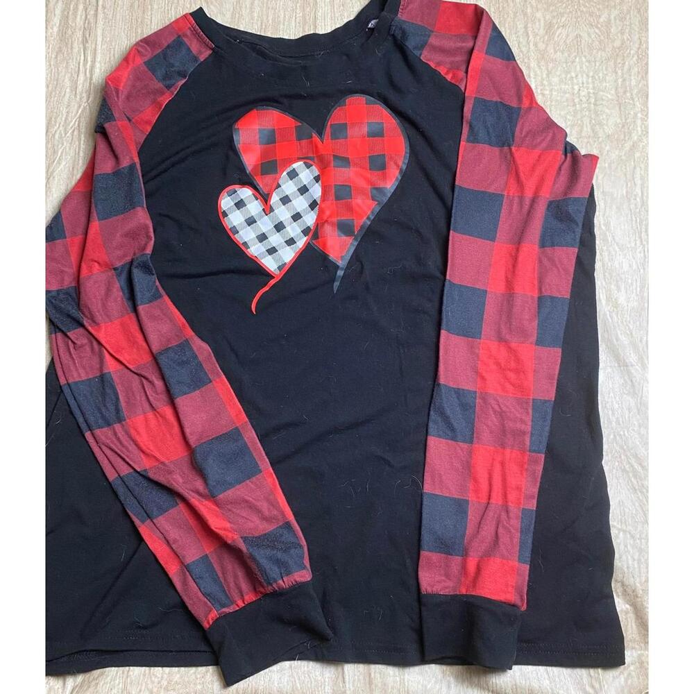 Women's Buffalo Plaid Heart Graphic Tshirt Top Christmas Valentine Red Black XXL